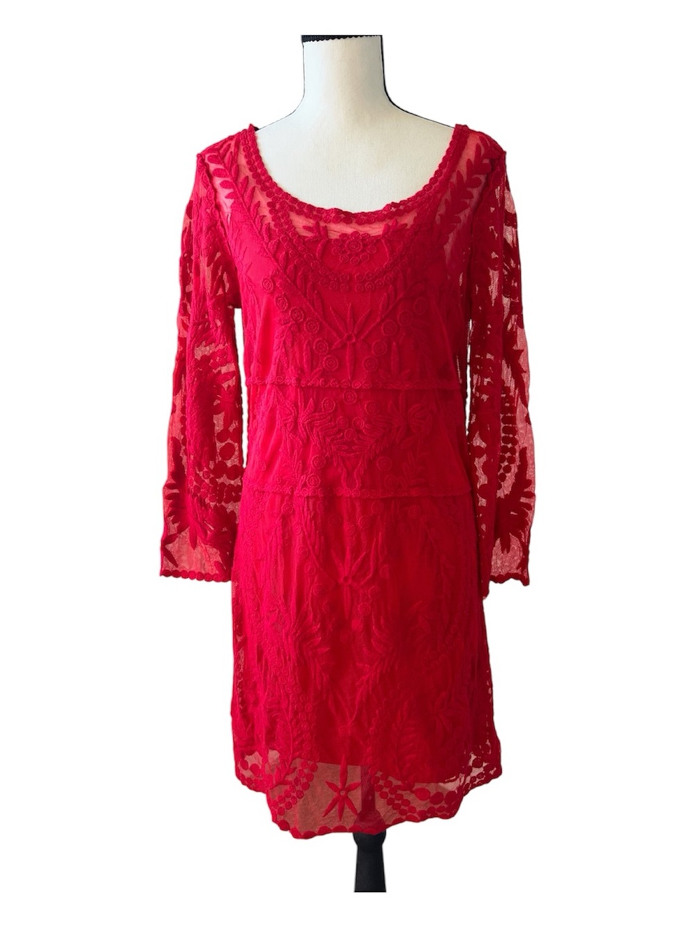 Express Red Floral Embroidered Mesh Long Sleeve Mini Dress Fairycore Boho Size L